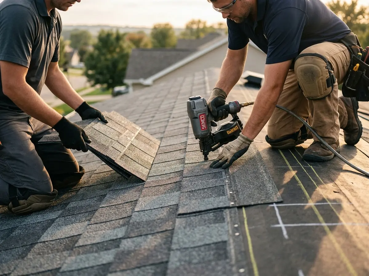 Professional roofer working on a residential roof in Visalia